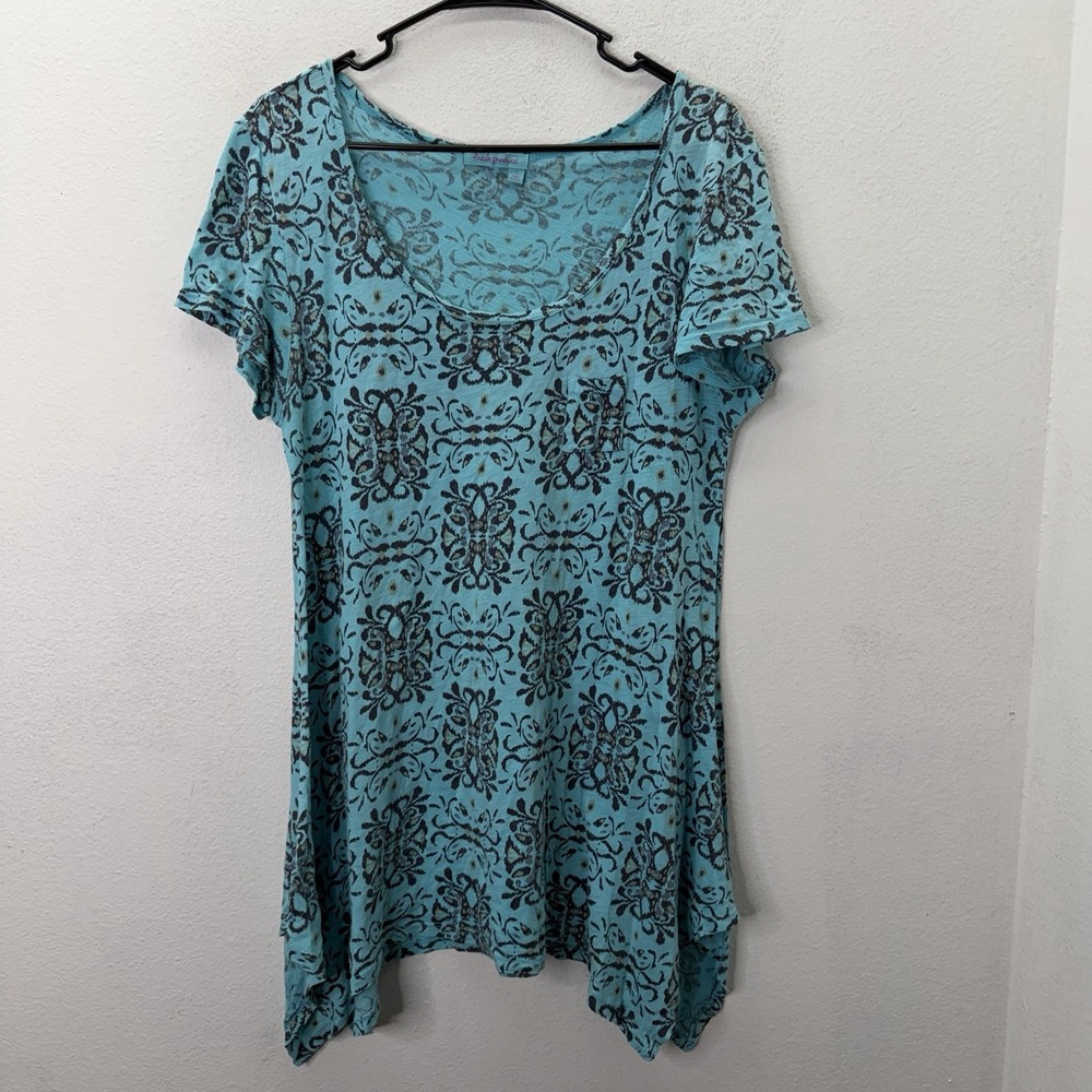 Fresh Produce Tunic Top Women's L Boho Print Scoop Neck Sharkbite Hem Lagenlook